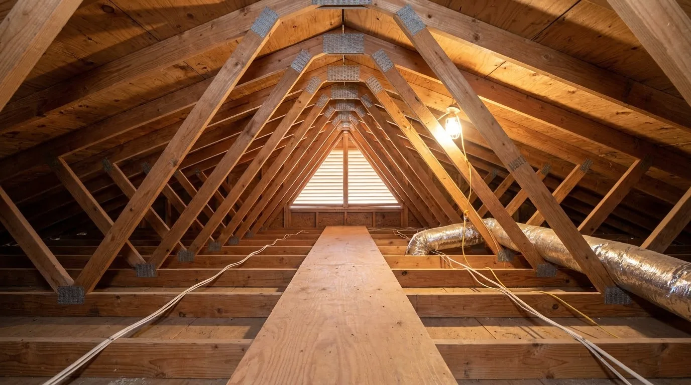 Attic with bare joists after the old insulation was removed