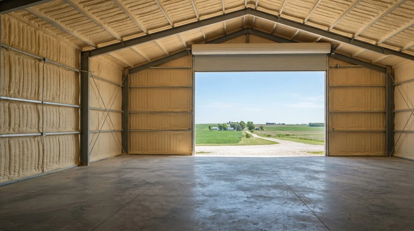 Closed-cell spray foam on the walls and roof of a metal farm building