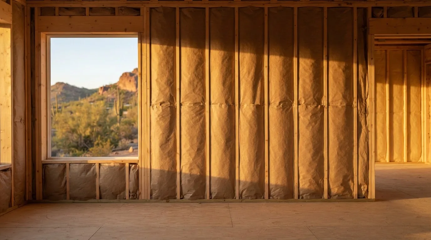 Kraft-faced fiberglass batts fitted between studs in a new build