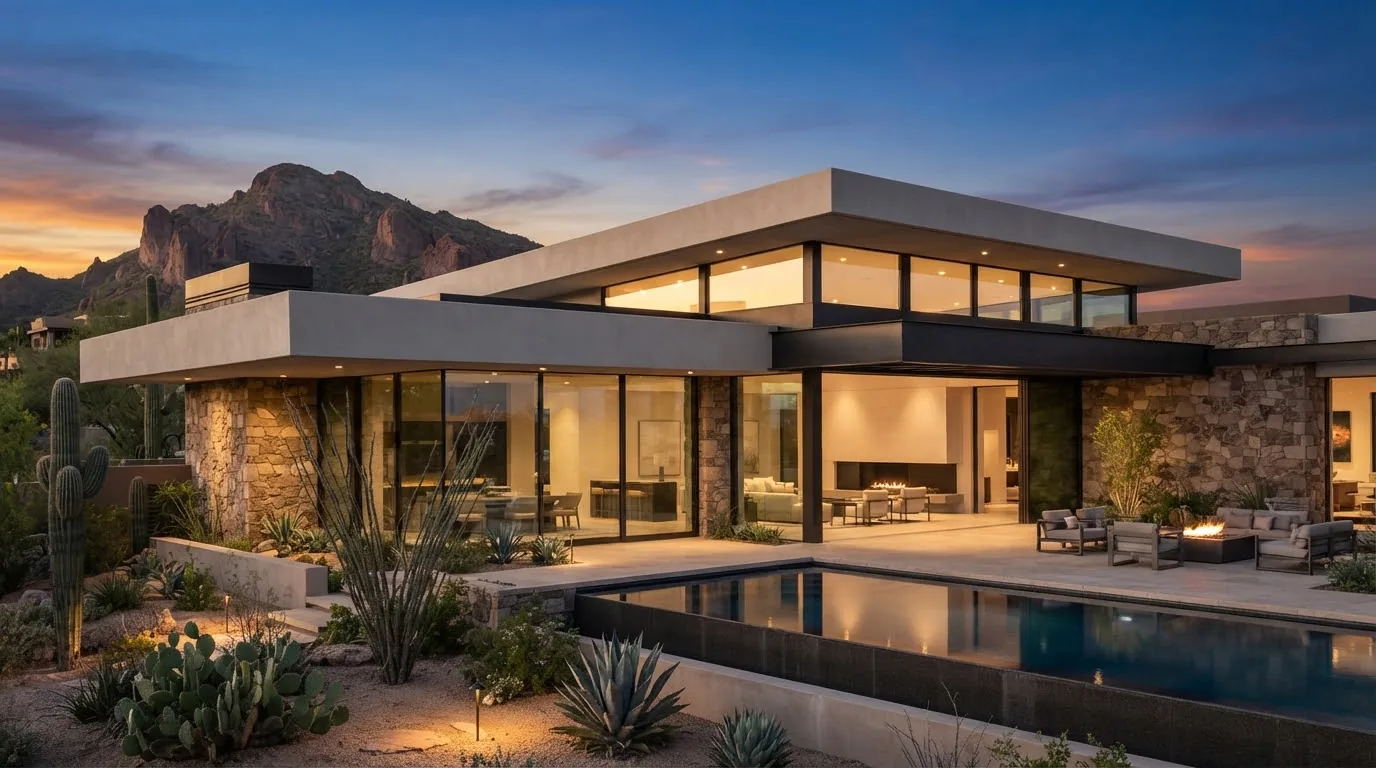 Modern desert home at dusk in the Phoenix metro